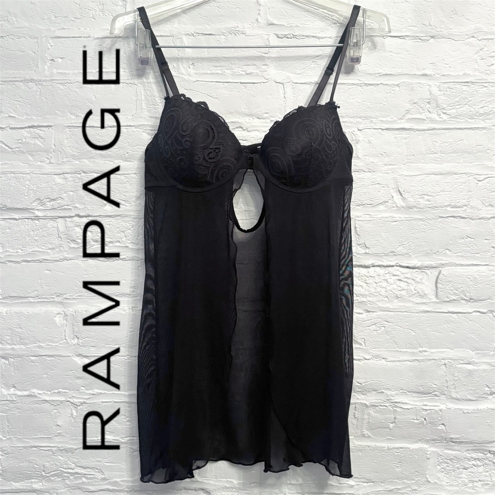 Vintage Y2k Rampage Intimates black lace mesh babydoll flyaway lingerie top